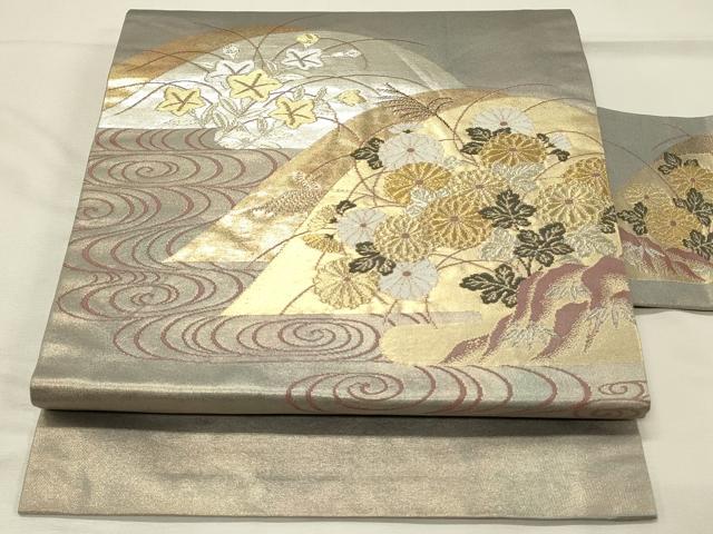 平和屋着物◎九寸名古屋帯　重ね山花菊文　金銀糸　正絹　逸品　DABH3312qp