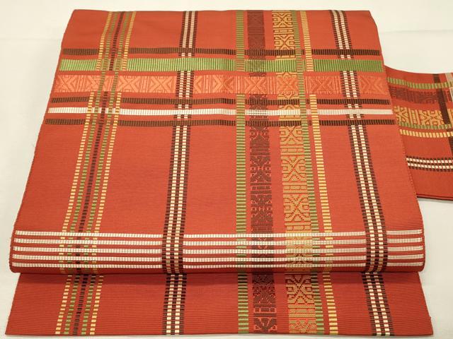 平和屋着物◎本場筑前博多織　八寸名古屋帯　変わり格子　正絹　逸品　DABH3313qp