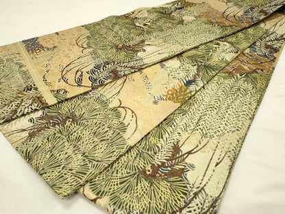 平和屋着物◎アンティーク　大正ロマン　丸帯　松葉文　金糸　引き抜き帯　正絹　逸品　DABH3316qp