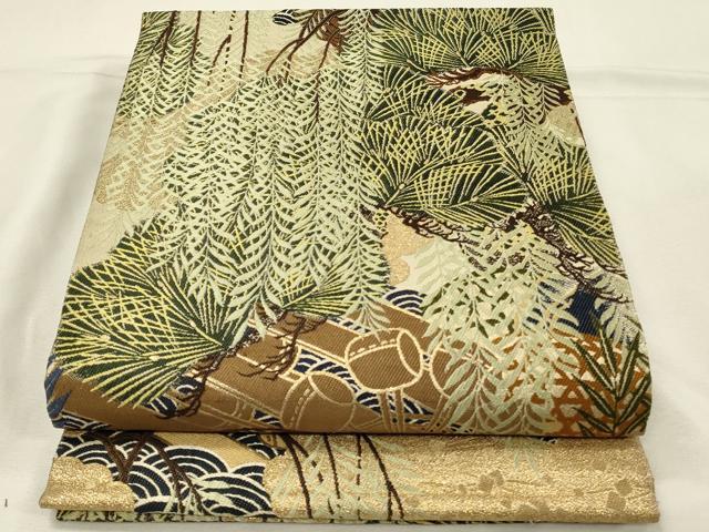 平和屋着物◎アンティーク　大正ロマン　丸帯　松葉文　金糸　引き抜き帯　正絹　逸品　DABH3316qp