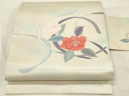 平和屋着物◎九寸名古屋帯　刺繍　草花文　銀糸　正絹　逸品　DABH3318qp