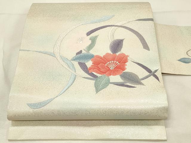 平和屋着物◎九寸名古屋帯　刺繍　草花文　銀糸　正絹　逸品　DABH3318qp
