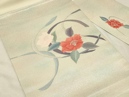 平和屋着物◎九寸名古屋帯　刺繍　草花文　銀糸　正絹　逸品　DABH3318qp