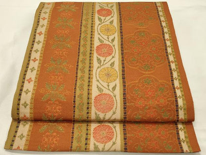 平和屋着物◎本場筑前博多織　八寸名古屋帯　花唐草間道　正絹　逸品　DABH3320qp