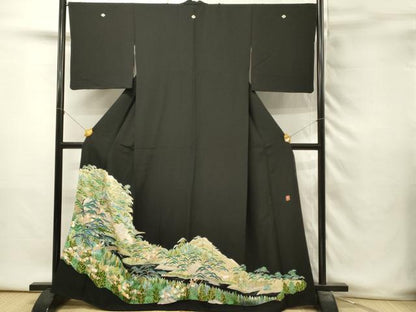 平和屋着物■豪華黒留袖　友禅　作家物　風景花松文　枝梅　正絹　逸品　DABH3353qp