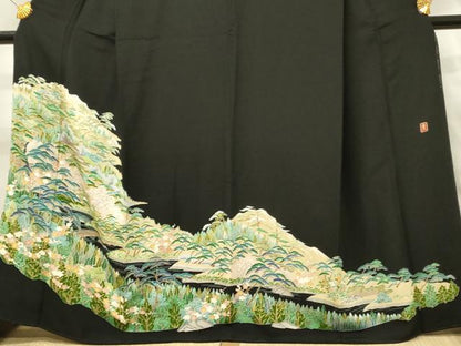 平和屋着物■豪華黒留袖　友禅　作家物　風景花松文　枝梅　正絹　逸品　DABH3353qp