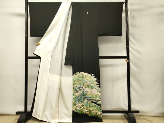 平和屋着物■豪華黒留袖　友禅　作家物　風景花松文　枝梅　正絹　逸品　DABH3353qp