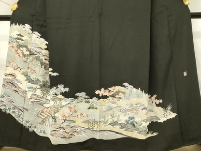 平和屋着物■豪華黒留袖　作家物　渡橋風景花松文　枝梅　金彩　正絹　逸品　DABH3362qp