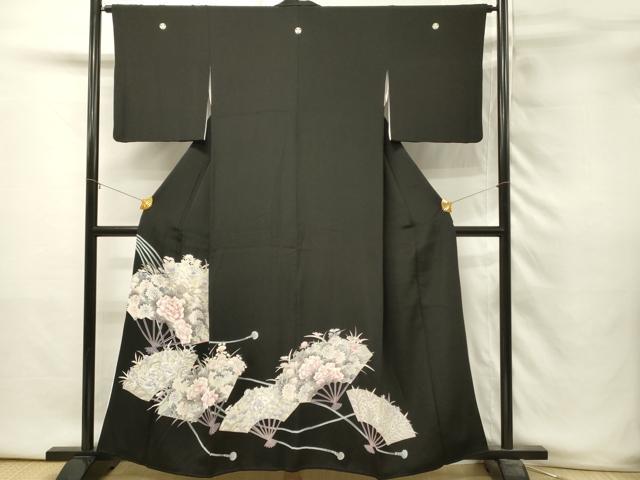 平和屋着物■豪華黒留袖　駒刺繍　扇面草花文　牡丹　金彩　正絹　逸品　DABH3366qp