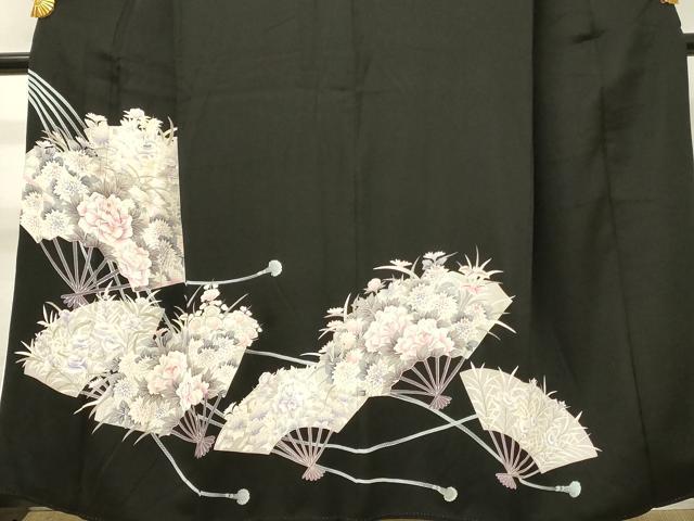平和屋着物■豪華黒留袖　駒刺繍　扇面草花文　牡丹　金彩　正絹　逸品　DABH3366qp