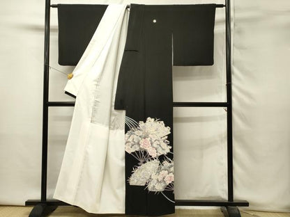 平和屋着物■豪華黒留袖　駒刺繍　扇面草花文　牡丹　金彩　正絹　逸品　DABH3366qp