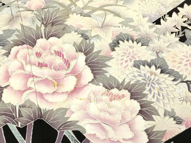 平和屋着物■豪華黒留袖　駒刺繍　扇面草花文　牡丹　金彩　正絹　逸品　DABH3366qp