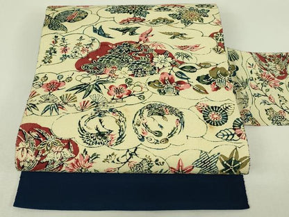 平和屋着物◎八寸名古屋帯　型染め　雲重ね花鳥文　鬼しぼ縮緬　正絹　逸品　DABH3379qp