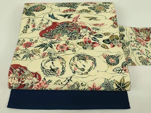 平和屋着物◎八寸名古屋帯　型染め　雲重ね花鳥文　鬼しぼ縮緬　正絹　逸品　DABH3379qp