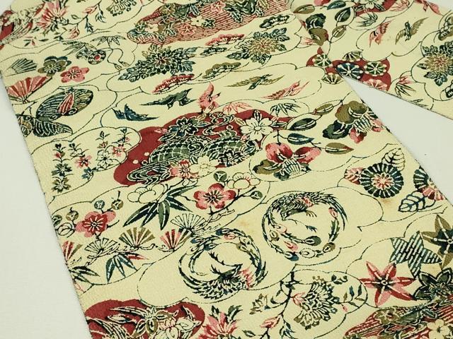 平和屋着物◎八寸名古屋帯　型染め　雲重ね花鳥文　鬼しぼ縮緬　正絹　逸品　DABH3379qp