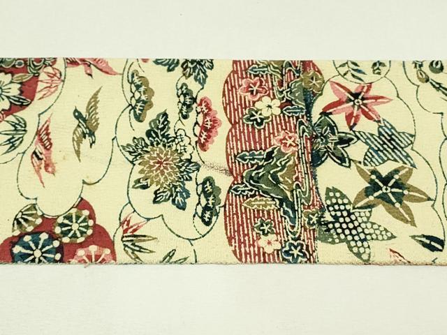 平和屋着物◎八寸名古屋帯　型染め　雲重ね花鳥文　鬼しぼ縮緬　正絹　逸品　DABH3379qp