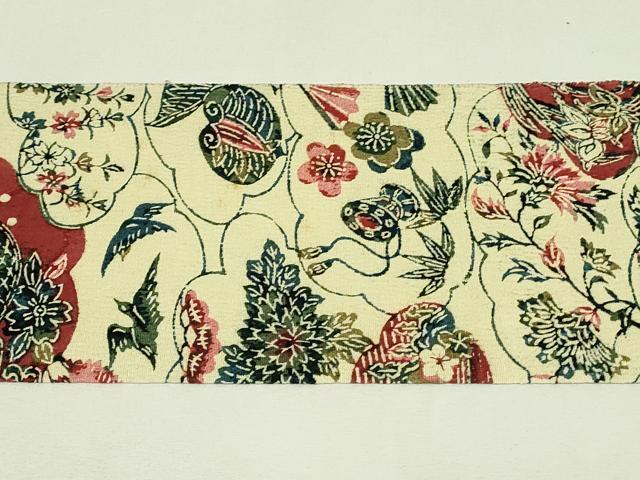 平和屋着物◎八寸名古屋帯　型染め　雲重ね花鳥文　鬼しぼ縮緬　正絹　逸品　DABH3379qp