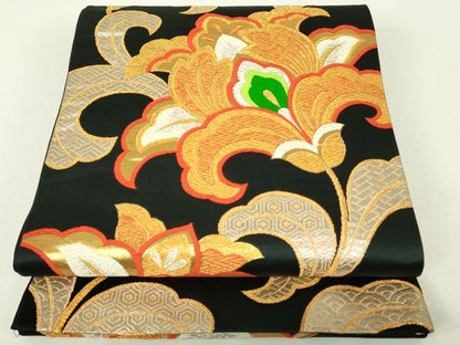 平和屋着物◎六通柄袋帯　唐織　更紗花文　黒地　金銀糸　正絹　逸品　DABH3381qp