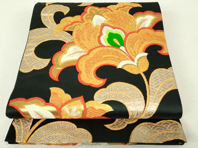 平和屋着物◎六通柄袋帯　唐織　更紗花文　黒地　金銀糸　正絹　逸品　DABH3381qp