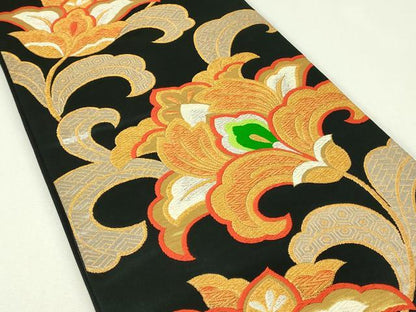 平和屋着物◎六通柄袋帯　唐織　更紗花文　黒地　金銀糸　正絹　逸品　DABH3381qp