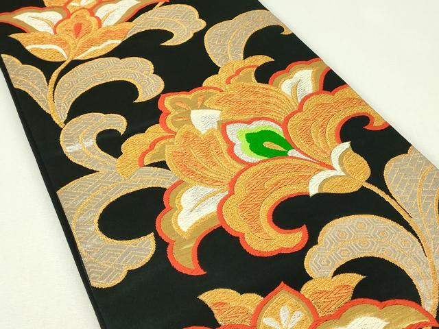 平和屋着物◎六通柄袋帯　唐織　更紗花文　黒地　金銀糸　正絹　逸品　DABH3381qp