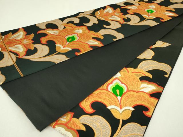 平和屋着物◎六通柄袋帯　唐織　更紗花文　黒地　金銀糸　正絹　逸品　DABH3381qp