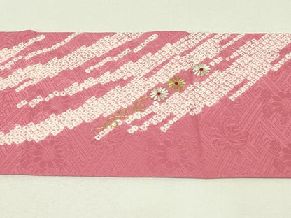 平和屋着物◎九寸名古屋帯　絞り　駒刺繍　菊唐草文　金糸　正絹　逸品　DABH3385qp