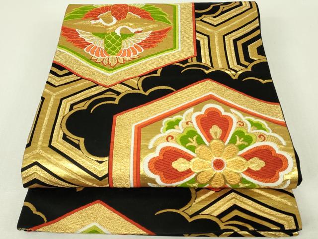 平和屋着物◎六通柄袋帯　唐織　双鶴亀甲花文　黒地　金糸　正絹　逸品　DABH3387qp