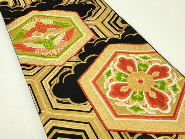 平和屋着物◎六通柄袋帯　唐織　双鶴亀甲花文　黒地　金糸　正絹　逸品　DABH3387qp