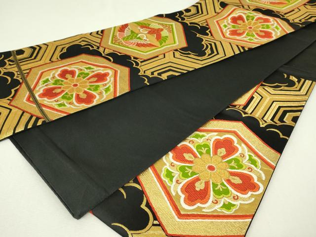 平和屋着物◎六通柄袋帯　唐織　双鶴亀甲花文　黒地　金糸　正絹　逸品　DABH3387qp