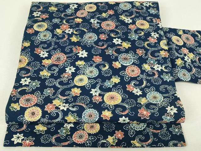 平和屋着物◎全通柄九寸名古屋帯　型染め　藍　花唐草文　お召縮緬　正絹　逸品　DABH3392qp