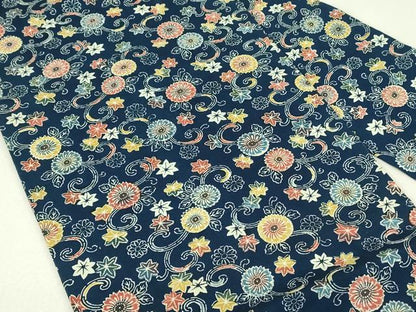平和屋着物◎全通柄九寸名古屋帯　型染め　藍　花唐草文　お召縮緬　正絹　逸品　DABH3392qp