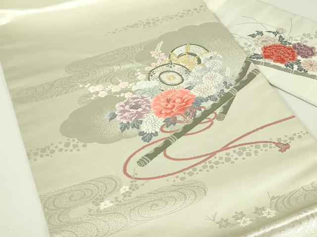 平和屋着物◎九寸名古屋帯　唐織　花鼓文　横笛　プラチナ箔　正絹　逸品　DABH3396qp