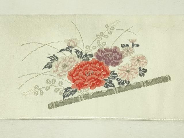 平和屋着物◎九寸名古屋帯　唐織　花鼓文　横笛　プラチナ箔　正絹　逸品　DABH3396qp