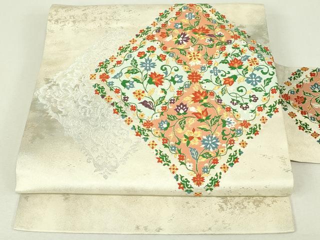 平和屋着物◎九寸名古屋帯　唐織　更紗花菱文　金銀糸　引箔　正絹　逸品　DABH3397qp