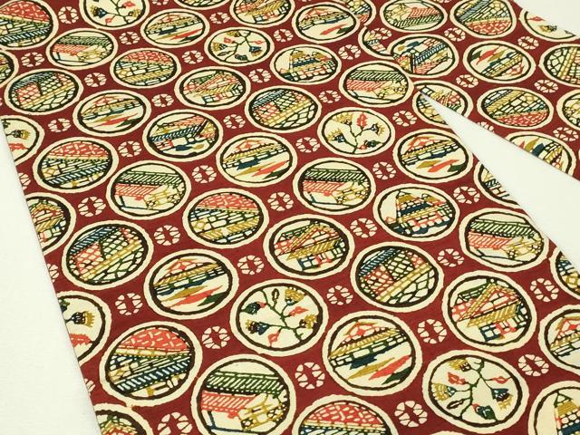 平和屋着物◎全通柄九寸名古屋帯　紬地　型染め　風景花丸文　正絹　逸品　DABH3410qp