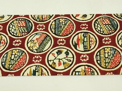 平和屋着物◎全通柄九寸名古屋帯　紬地　型染め　風景花丸文　正絹　逸品　DABH3410qp