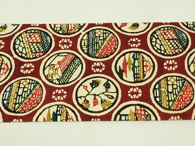 平和屋着物◎全通柄九寸名古屋帯　紬地　型染め　風景花丸文　正絹　逸品　DABH3410qp