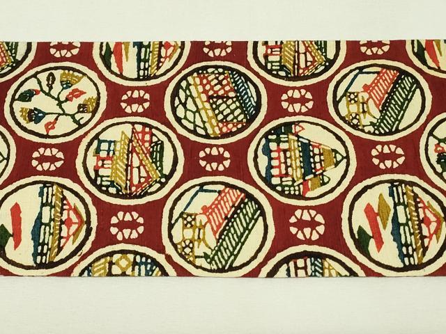 平和屋着物◎全通柄九寸名古屋帯　紬地　型染め　風景花丸文　正絹　逸品　DABH3410qp
