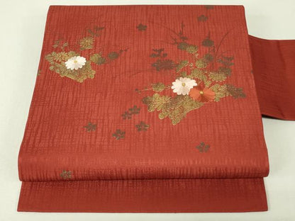平和屋着物◎九寸名古屋帯　刺繍　花筏文　金彩　正絹　逸品　DABH3414qp