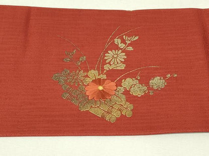 平和屋着物◎九寸名古屋帯　刺繍　花筏文　金彩　正絹　逸品　DABH3414qp