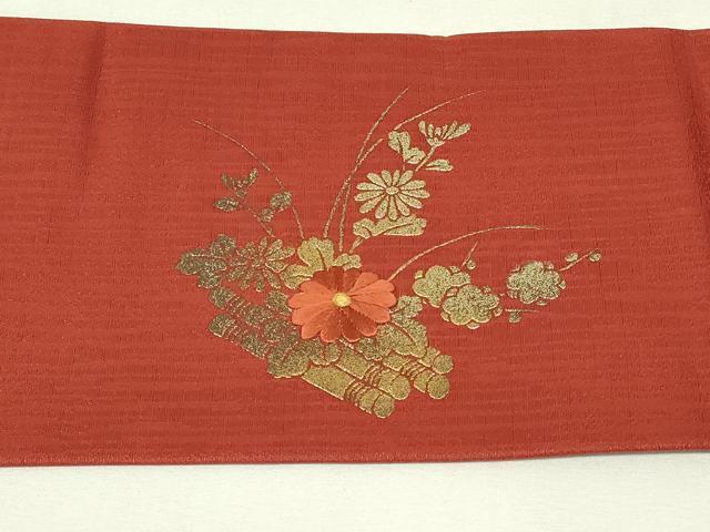 平和屋着物◎九寸名古屋帯　刺繍　花筏文　金彩　正絹　逸品　DABH3414qp