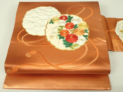 平和屋着物◎九寸名古屋帯　総刺繍　駒刺繍　雪輪花文　金糸　正絹　逸品　DABH3418qp