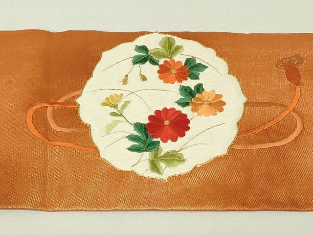 平和屋着物◎九寸名古屋帯　総刺繍　駒刺繍　雪輪花文　金糸　正絹　逸品　DABH3418qp