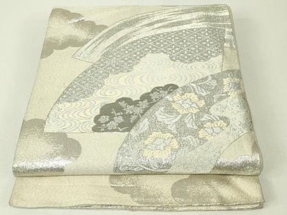 平和屋着物◎明綴れ　六通柄袋帯　地紙流水花文　プラチナ箔　正絹　逸品　DABH3428qp