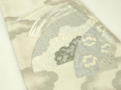 平和屋着物◎明綴れ　六通柄袋帯　地紙流水花文　プラチナ箔　正絹　逸品　DABH3428qp