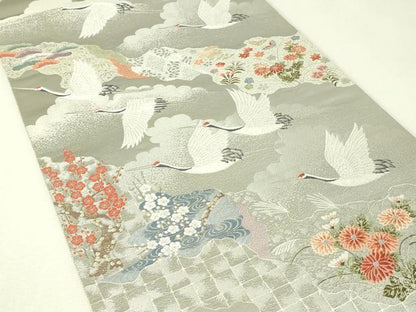 平和屋着物◎六通柄袋帯　唐織　秋草千羽鶴　プラチナ箔　正絹　逸品　DABH3430qp