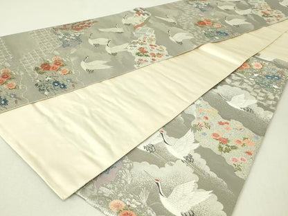 平和屋着物◎六通柄袋帯　唐織　秋草千羽鶴　プラチナ箔　正絹　逸品　DABH3430qp