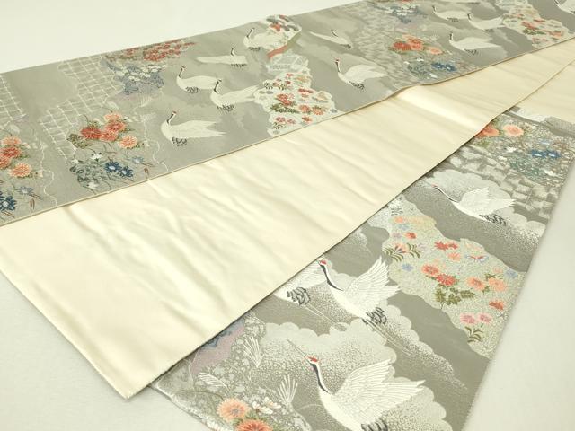平和屋着物◎六通柄袋帯　唐織　秋草千羽鶴　プラチナ箔　正絹　逸品　DABH3430qp