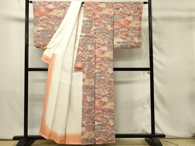 平和屋着物■上質な小紋　御所車風景花松文　暈し染め　鬼しぼ縮緬　正絹　逸品　DABH3444qp